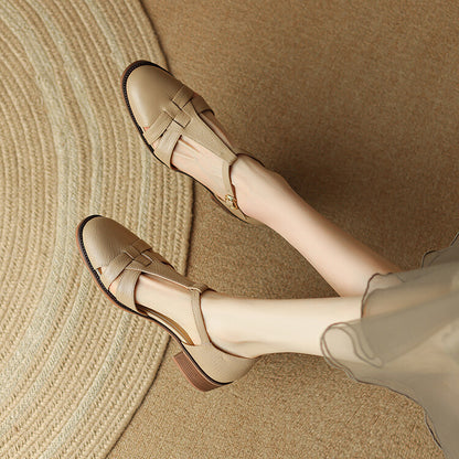 Female T-type Belt Hollow-out Chunky Heel Round-toe Sandles