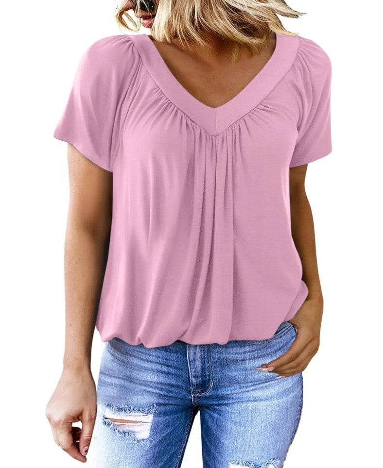 Blouse décontractée pour femme à manches courtes avec col en V