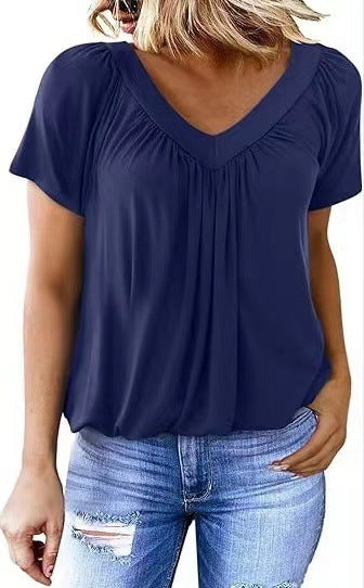 Blouse décontractée pour femme à manches courtes avec col en V