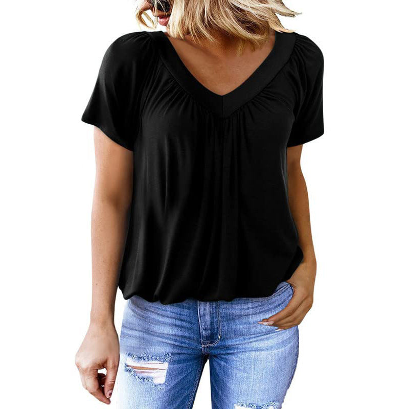 Blouse décontractée pour femme à manches courtes avec col en V