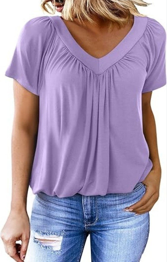 Blouse décontractée pour femme à manches courtes avec col en V