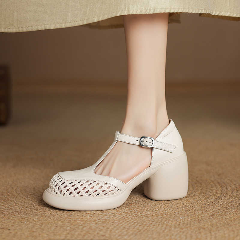 Round Head Thick Bottom Chunky Heel T-strap High Heels