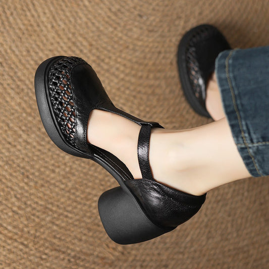 Round Head Thick Bottom Chunky Heel T-strap High Heels
