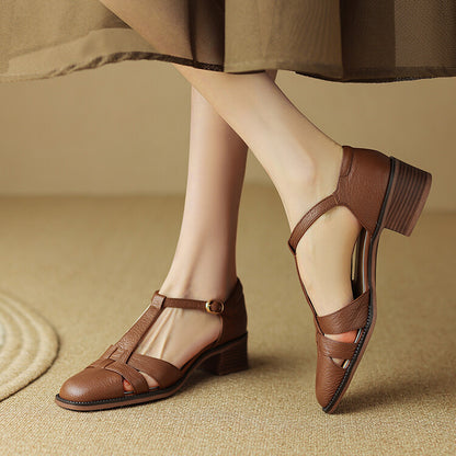 Female T-type Belt Hollow-out Chunky Heel Round-toe Sandles