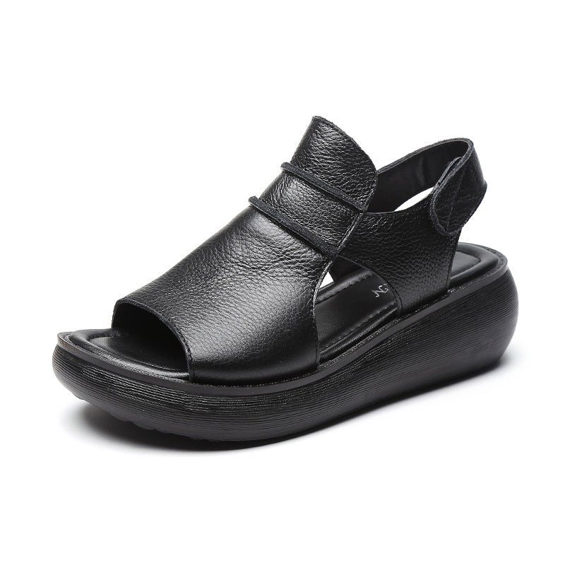 Peep Toe Casual Women's Shoes Summer Cowhide Raise The Bottom Sandals